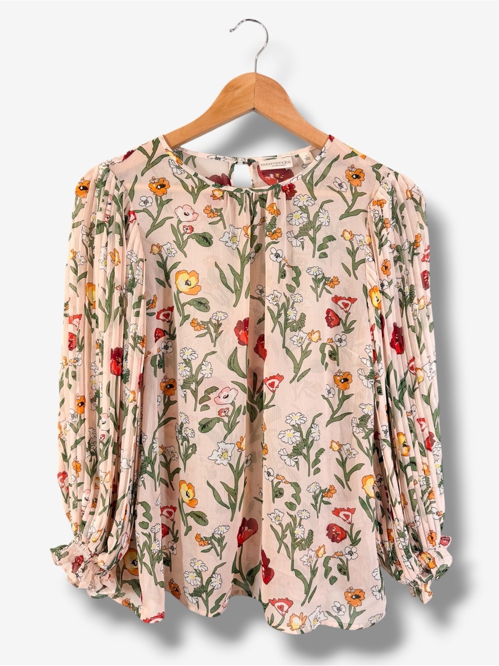 Eva Mendes Pink Sheer Floral Print Blouse Size S Pleated Balloon Sleeve Casual
